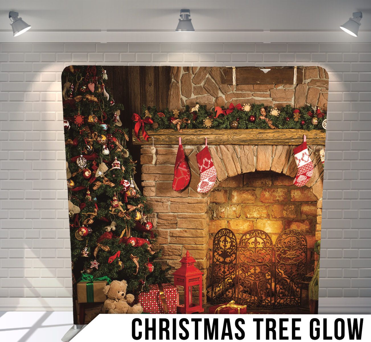 Cozy Christmas scene with decorated tree, stockings and glowing fireplace against a stone wall backdrop.