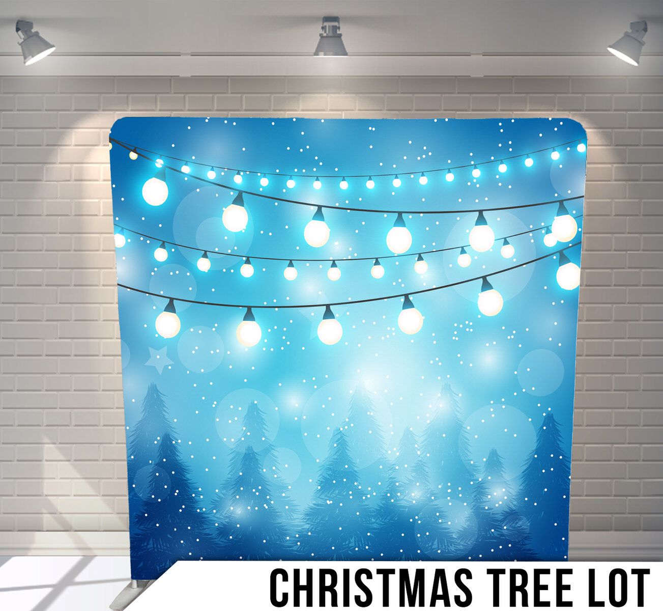 Glowing white string lights hanging against a magical blue winter night sky background.