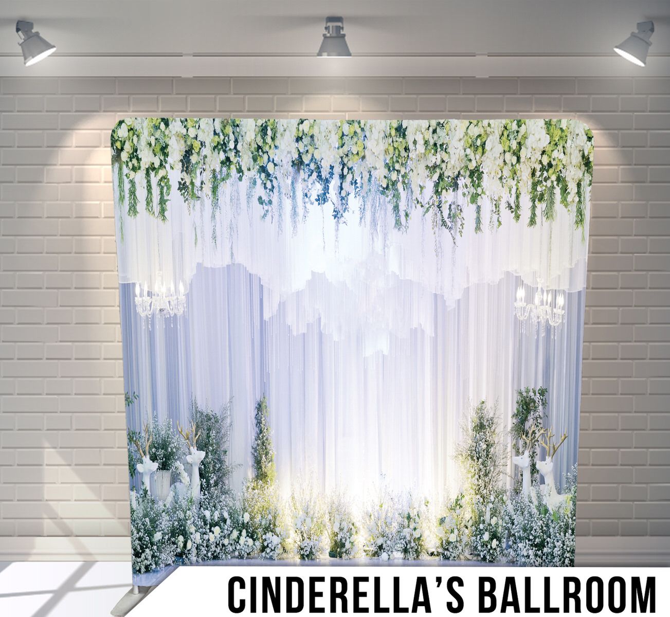 Elegant white floral wedding backdrop with cascading wisteria and soft ethereal lighting.