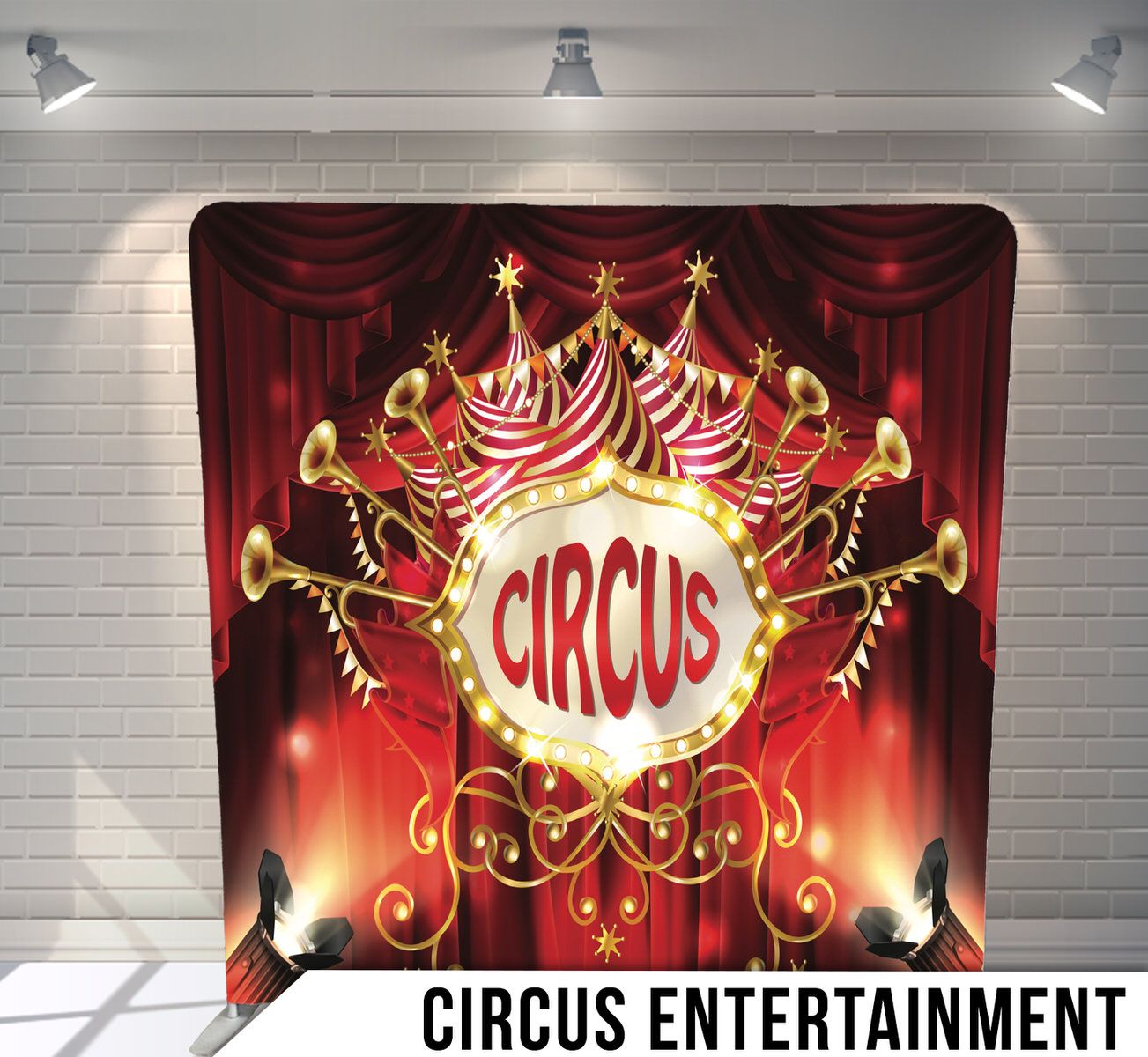Ornate circus banner with golden trumpets and red curtains on dramatic illuminated background.