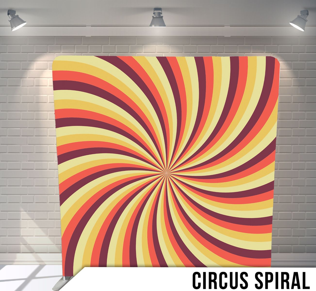 Psychedelic spiral pattern in red, yellow and orange creating hypnotic circus-themed background.