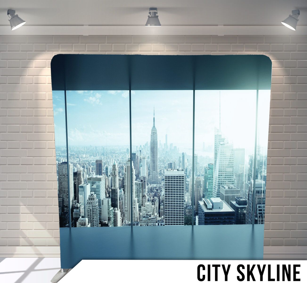 Modern city skyline view through office windows showing skyscrapers and urban architecture.
