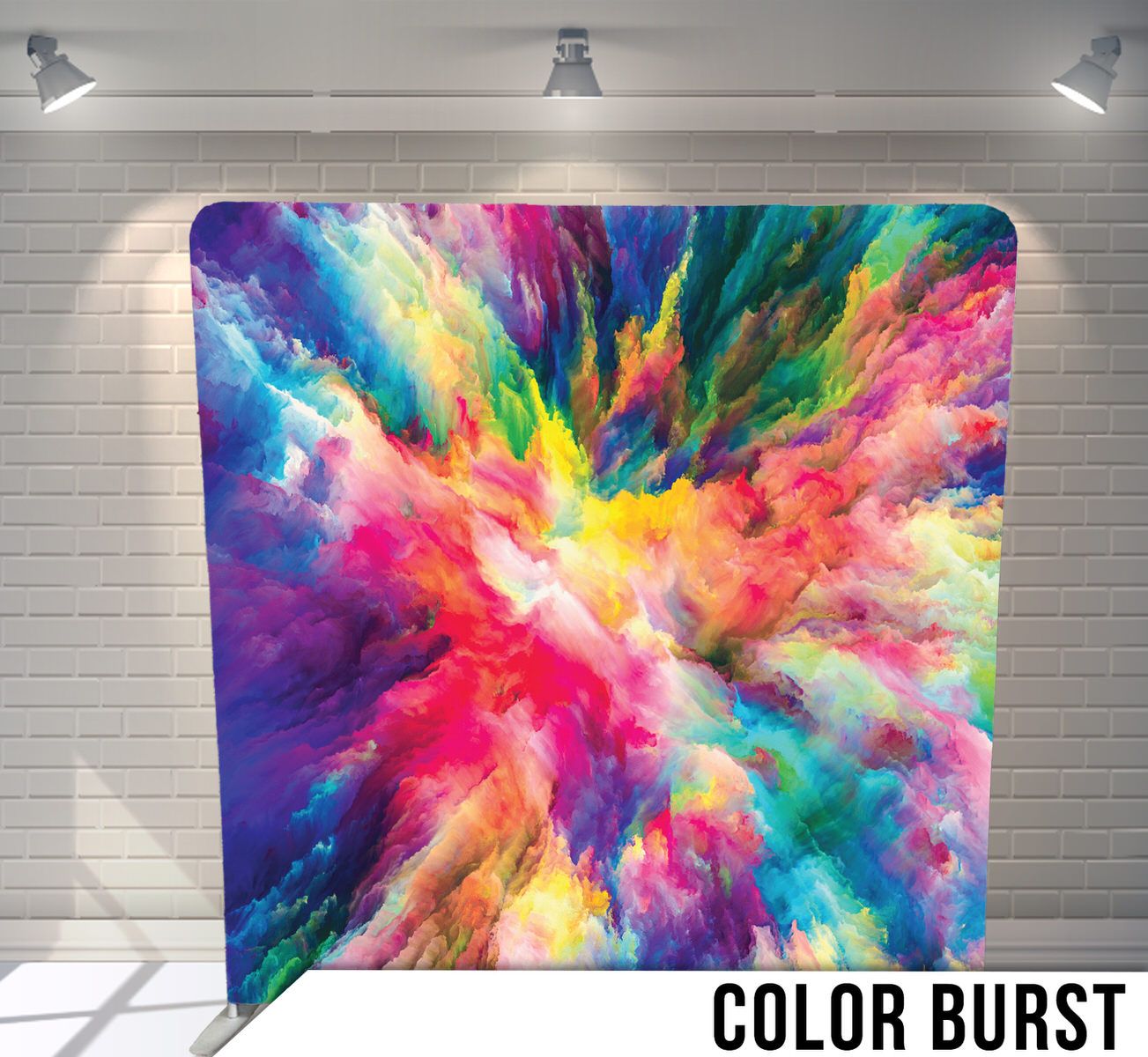 Vibrant explosion of multicolored paint creating an abstract burst pattern against a dark background.