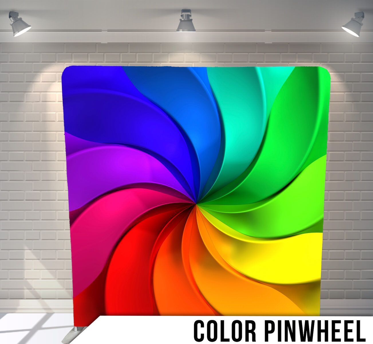 Spiral pinwheel pattern featuring vibrant rainbow colors in a smooth gradient transition.