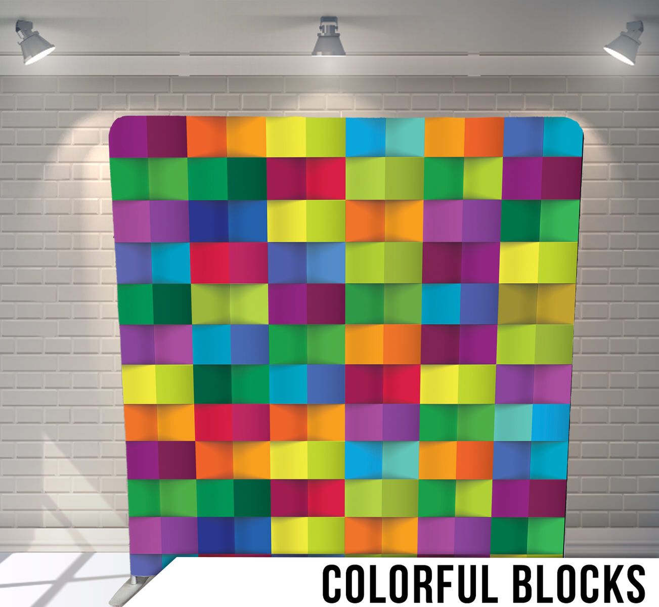 Colorful 3D squares arranged in a rainbow grid pattern creating a dynamic geometric display.