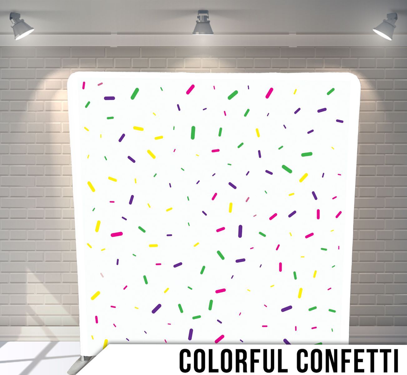 White background scattered with small colorful confetti pieces in various shapes.