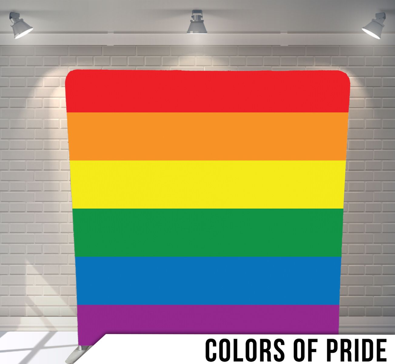 A rainbow pride flag backdrop with horizontal stripes in red, orange, yellow, green, blue and purple colors.