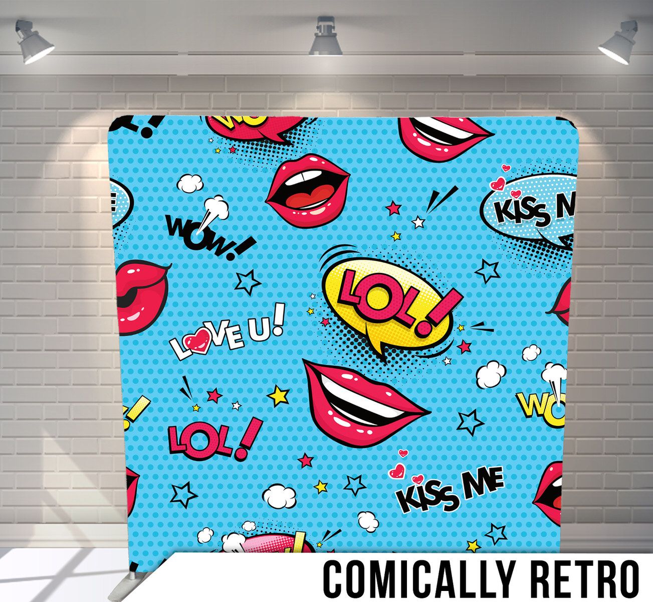 Pop art style pattern with red lips, speech bubbles, and retro comic book text on light blue background.