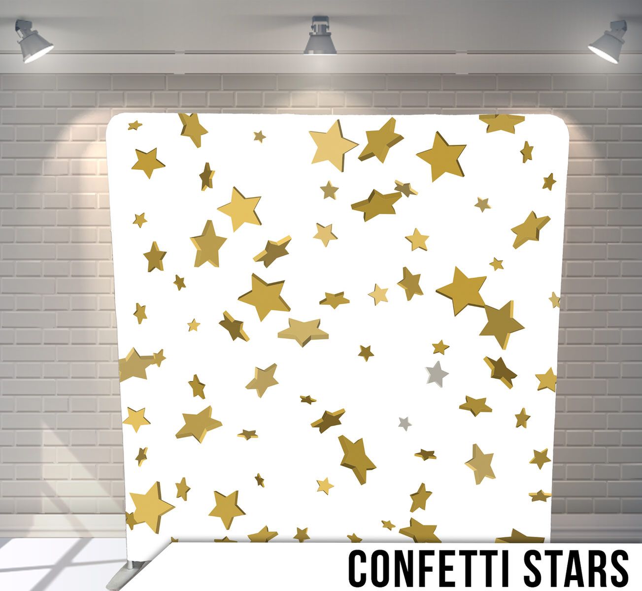 Scattered gold stars pattern on white background creating a festive confetti effect.