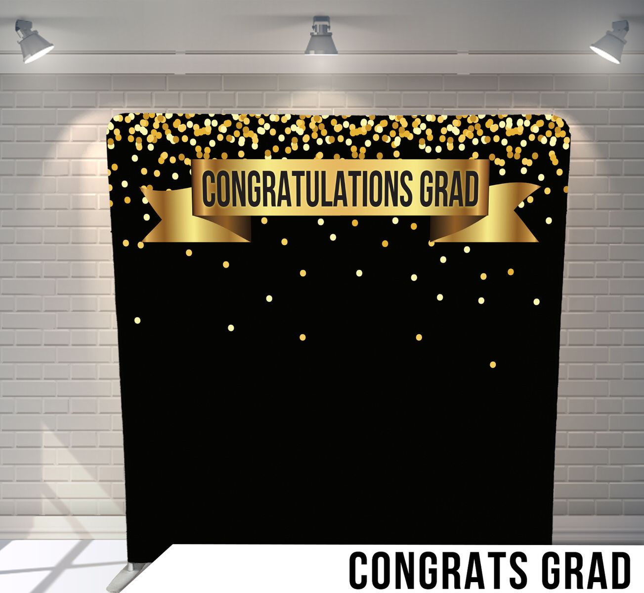 Black backdrop with gold confetti and banner reading Congratulations Grad for graduation celebrations.