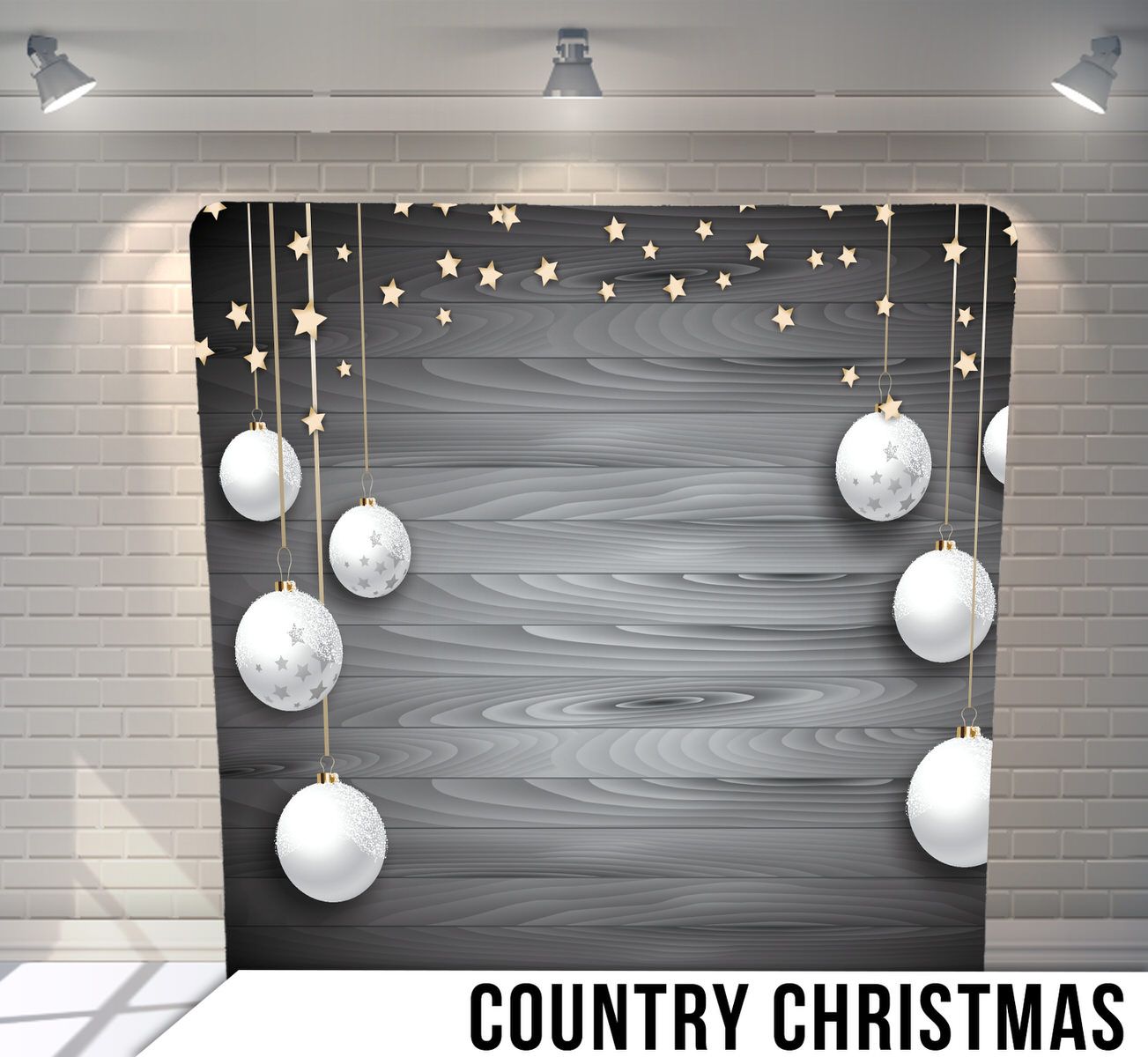 Rustic grey wood backdrop with hanging white ornaments and golden stars for country Christmas decor.