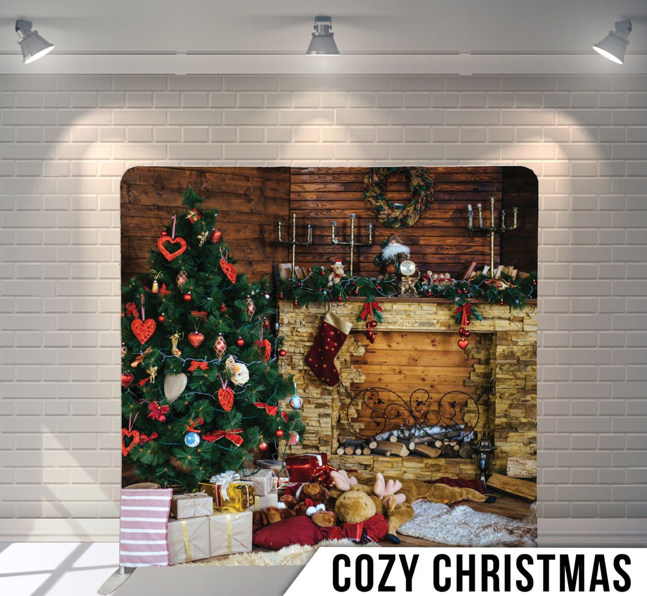 Decorated Christmas tree with presents in a cozy wooden cabin setting.