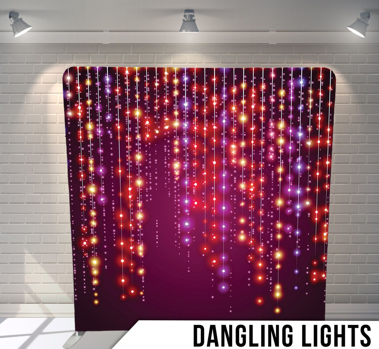 Sparkling red and purple lights cascading downward against dark background.
