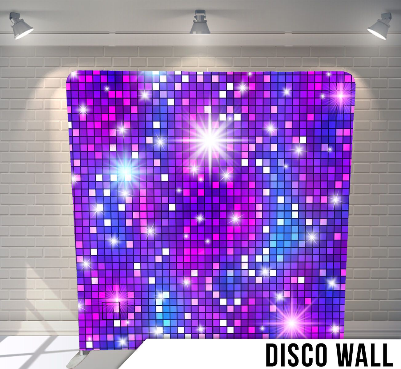 Purple and blue sparkly disco backdrop with glowing pixel squares and starbursts for party photography.