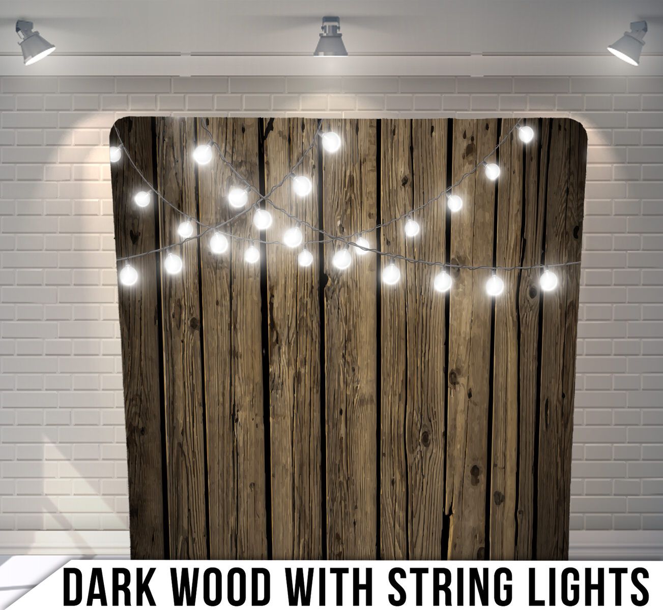 Weathered wooden backdrop with glowing string lights creating romantic ambiance against white wall.