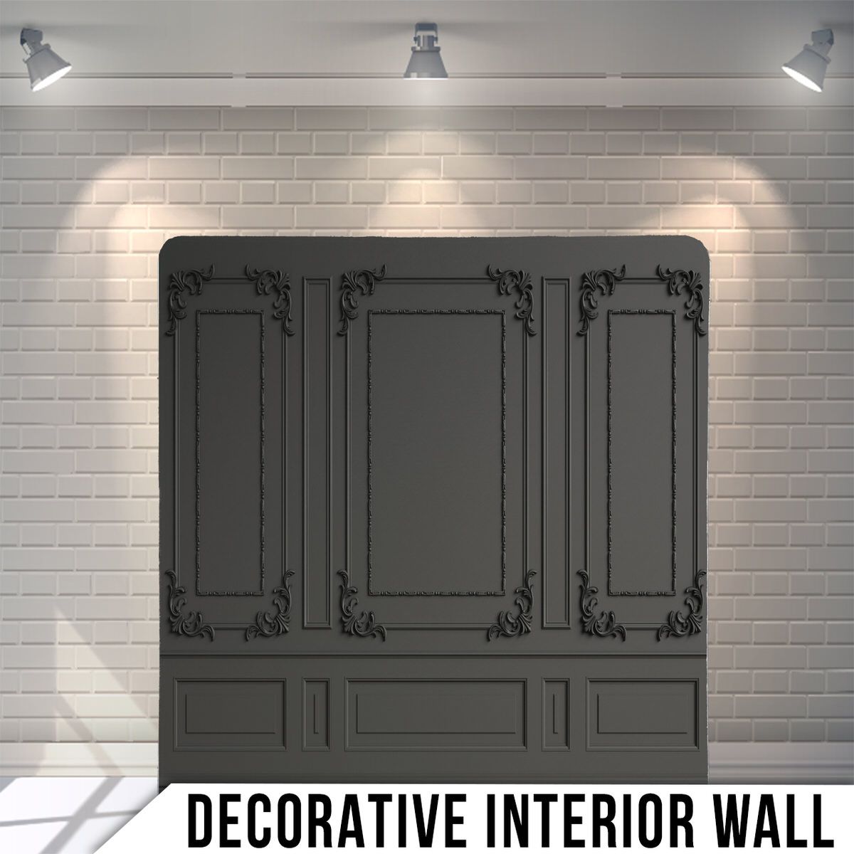 Elegant gray decorative wall panels with ornate molding details against white brick background.