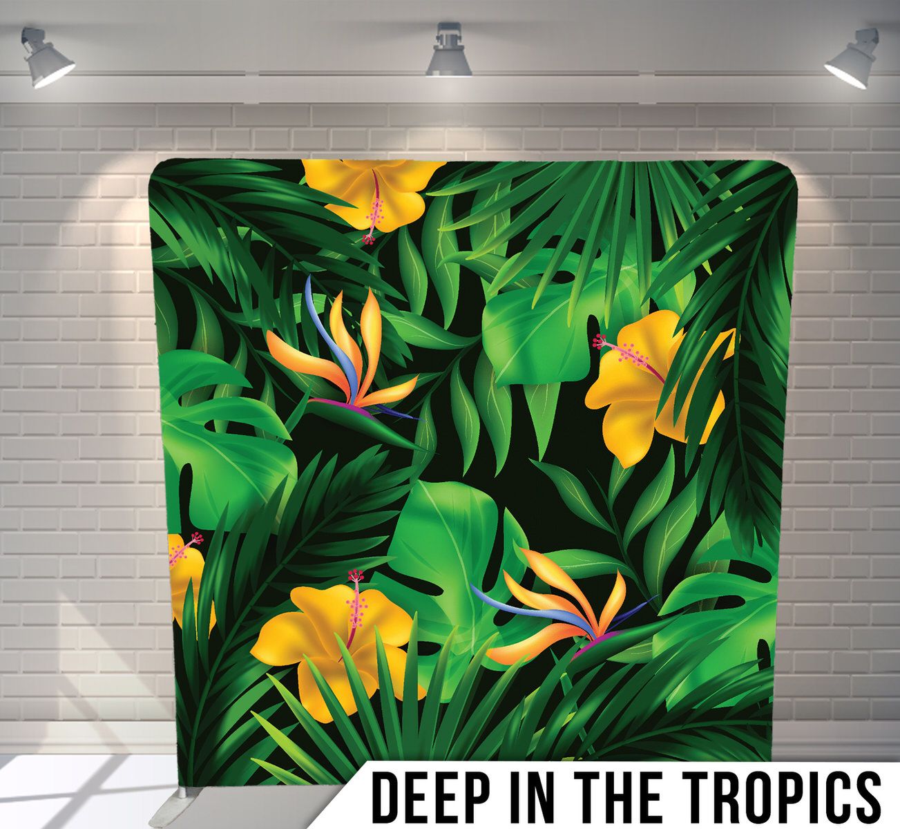 Vibrant tropical pattern with monstera leaves, yellow hibiscus flowers and birds of paradise.