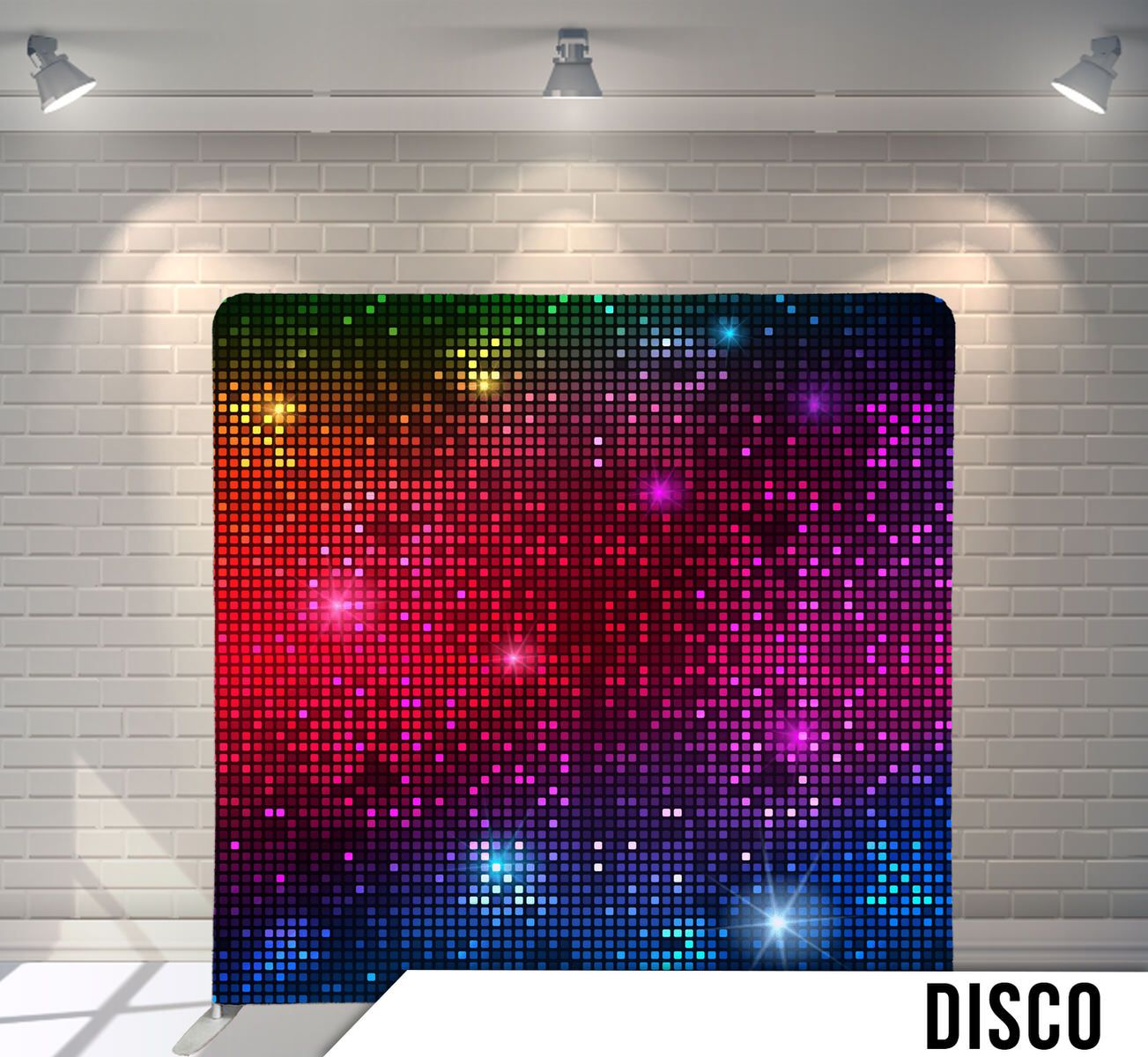 Sparkly disco backdrop with rainbow colored mosaic tiles creating a nightclub atmosphere.