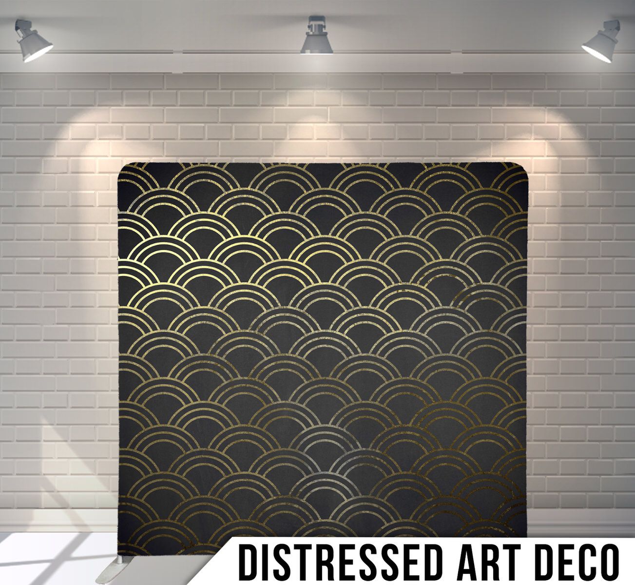 Art deco pattern backdrop with dark gray and gold scalloped geometric design.