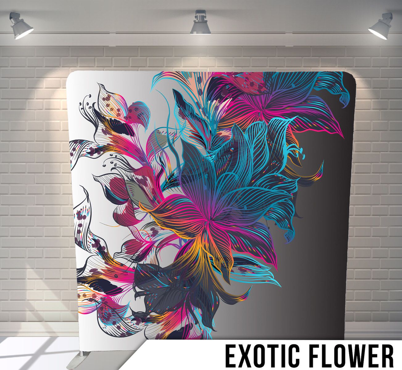 Abstract floral design with vibrant pink, blue, and purple swirling petals on dark background.