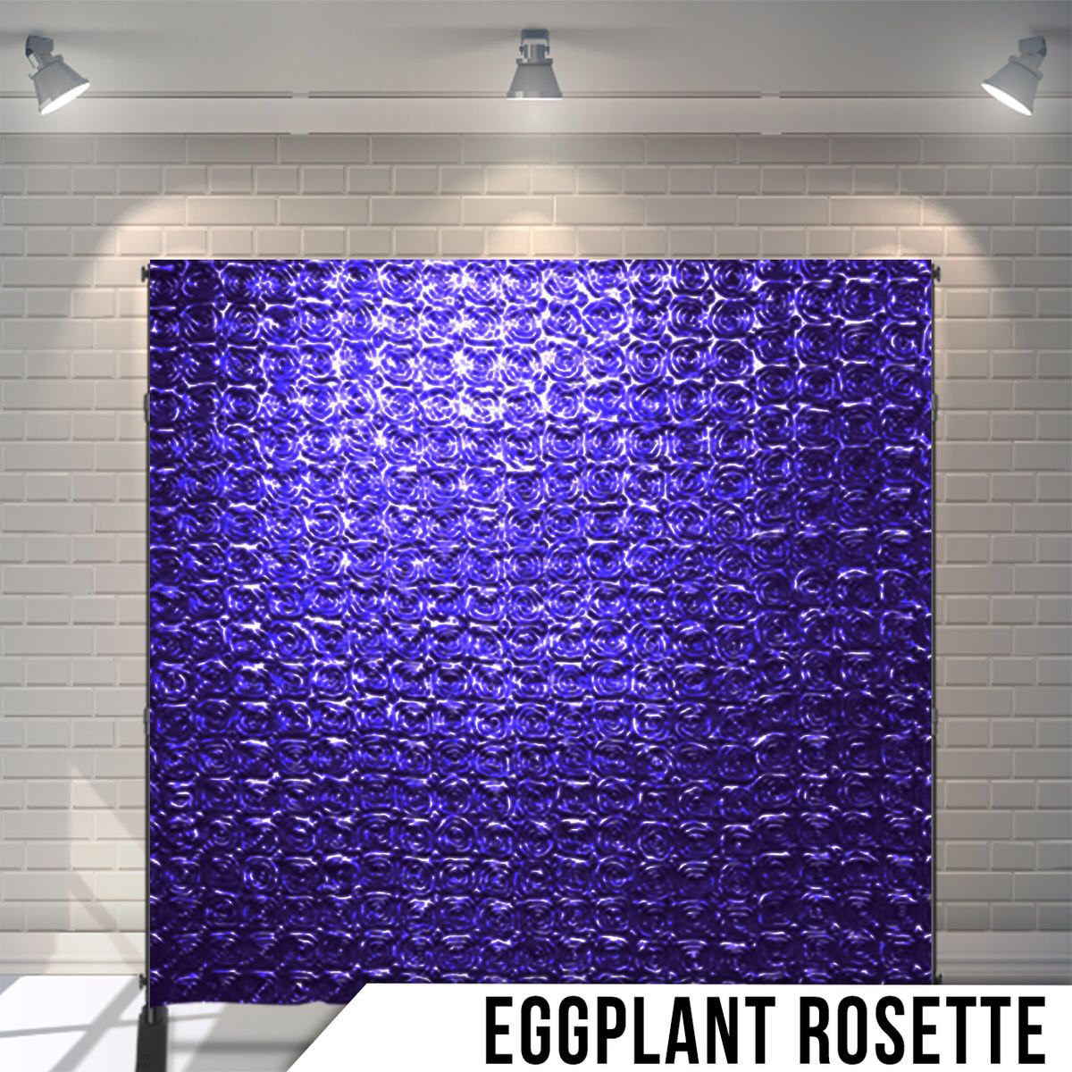 Deep purple textured backdrop with dimensional rosette pattern and metallic sheen.