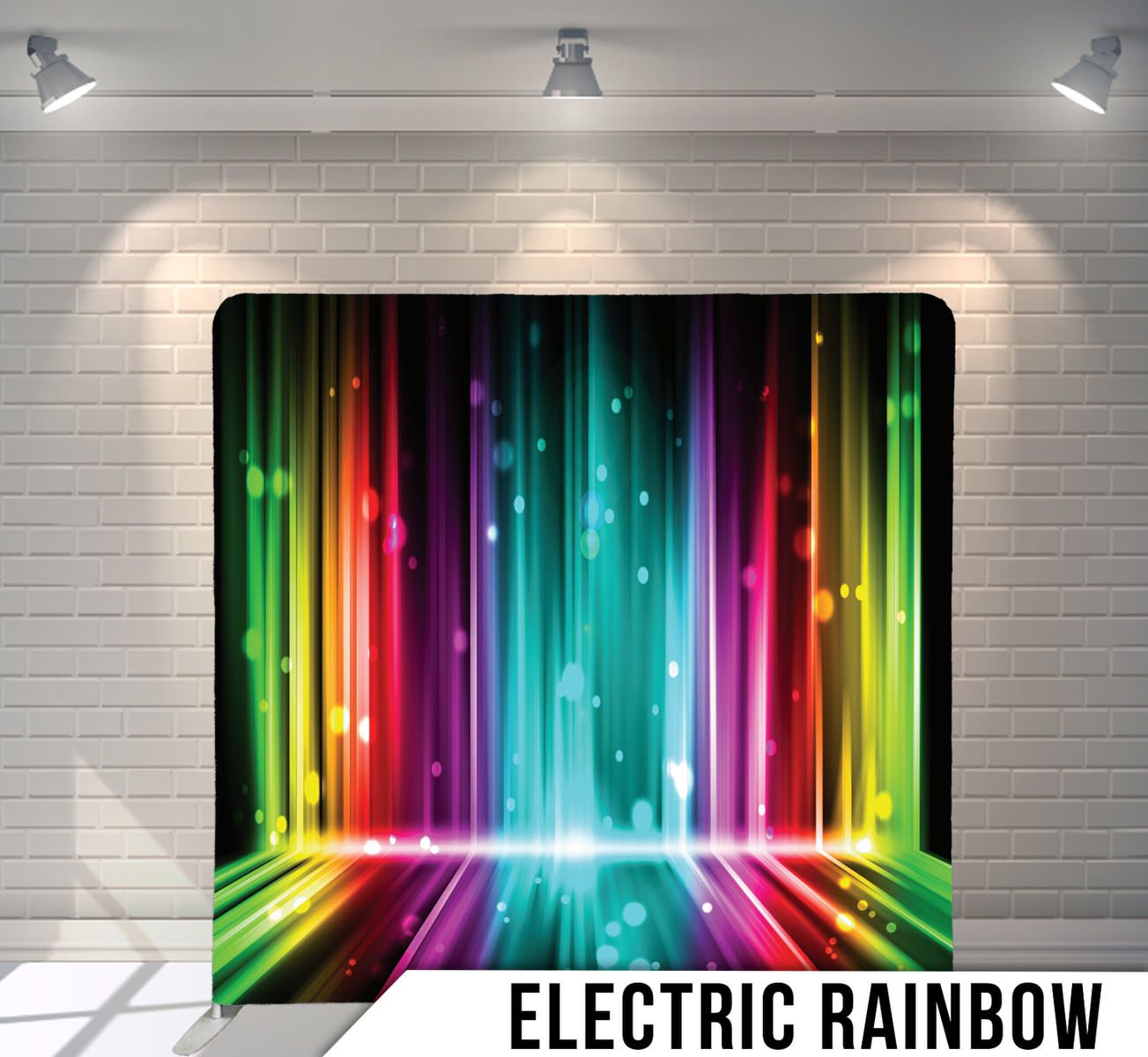 Vibrant vertical rainbow stripes with glowing light effects against a dark background create a colorful illuminated backdrop.