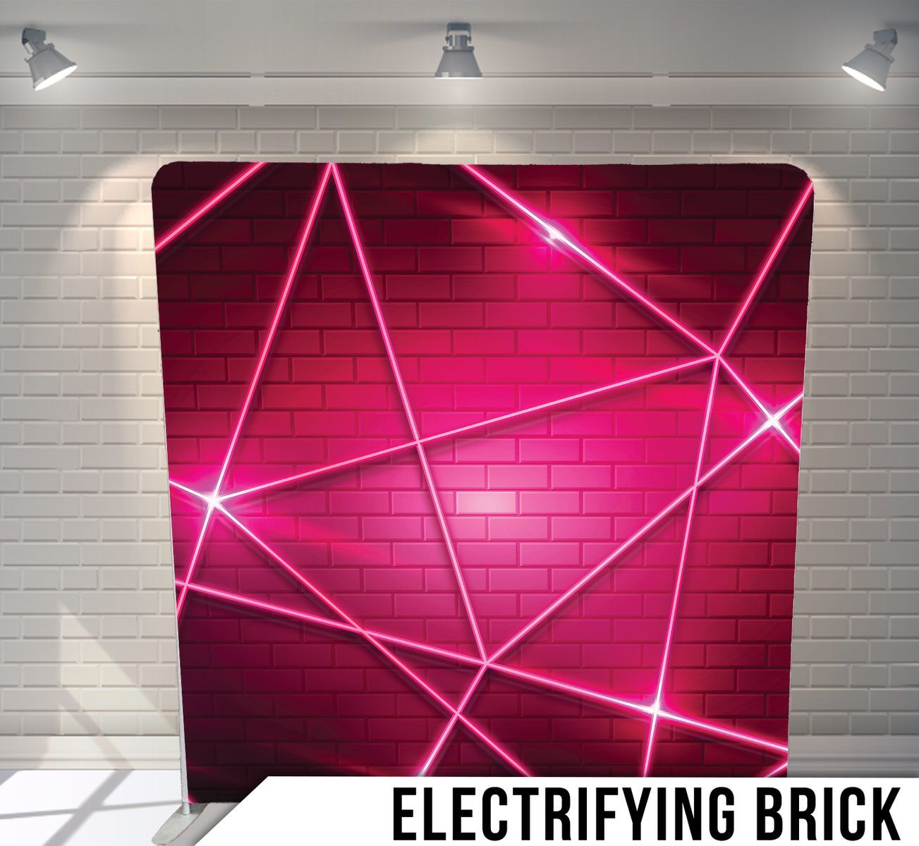 Pink neon geometric lines form an angular pattern against a dark brick wall background.