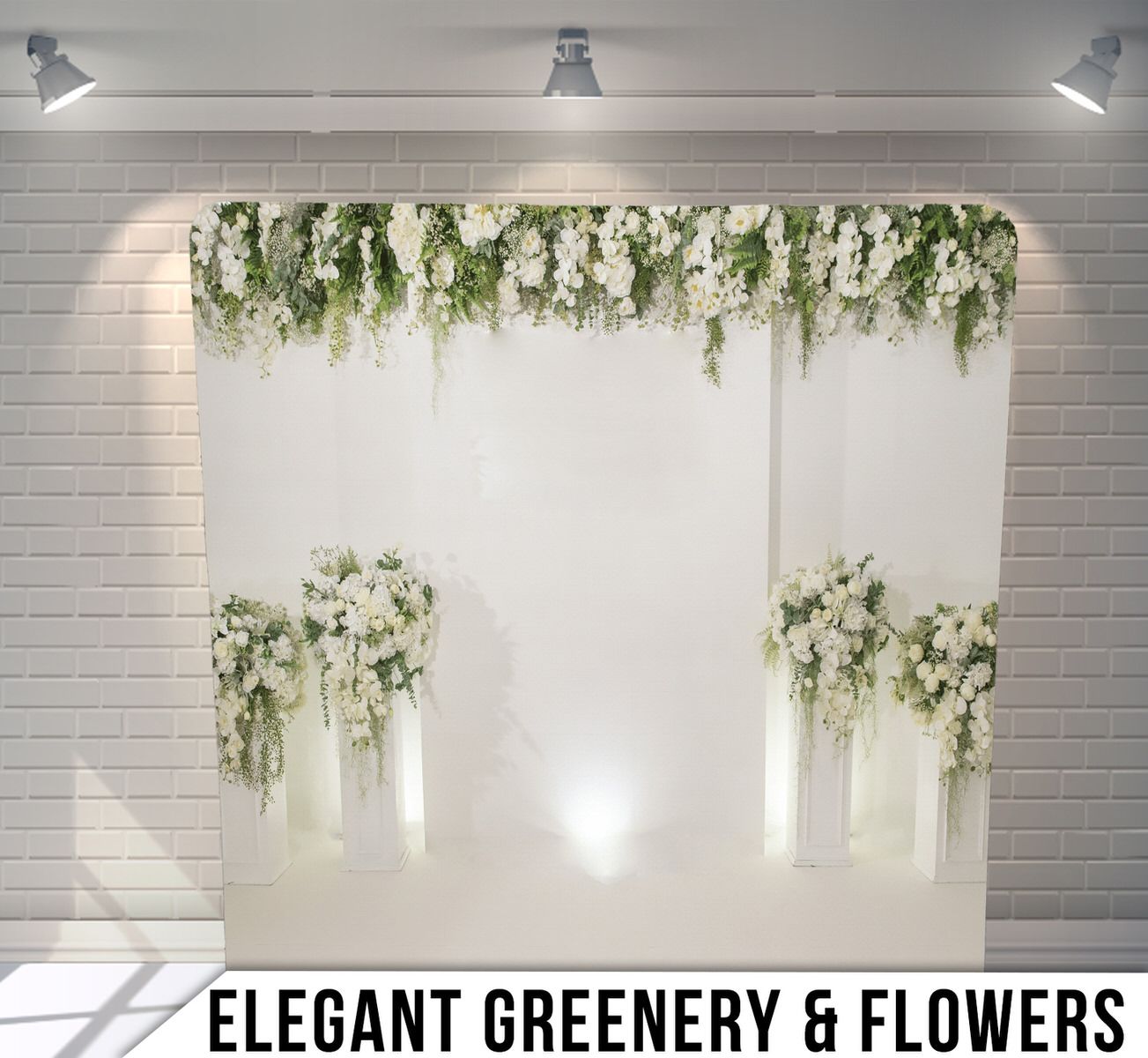 White floral arrangements and greenery hang elegantly against a pure white backdrop.
