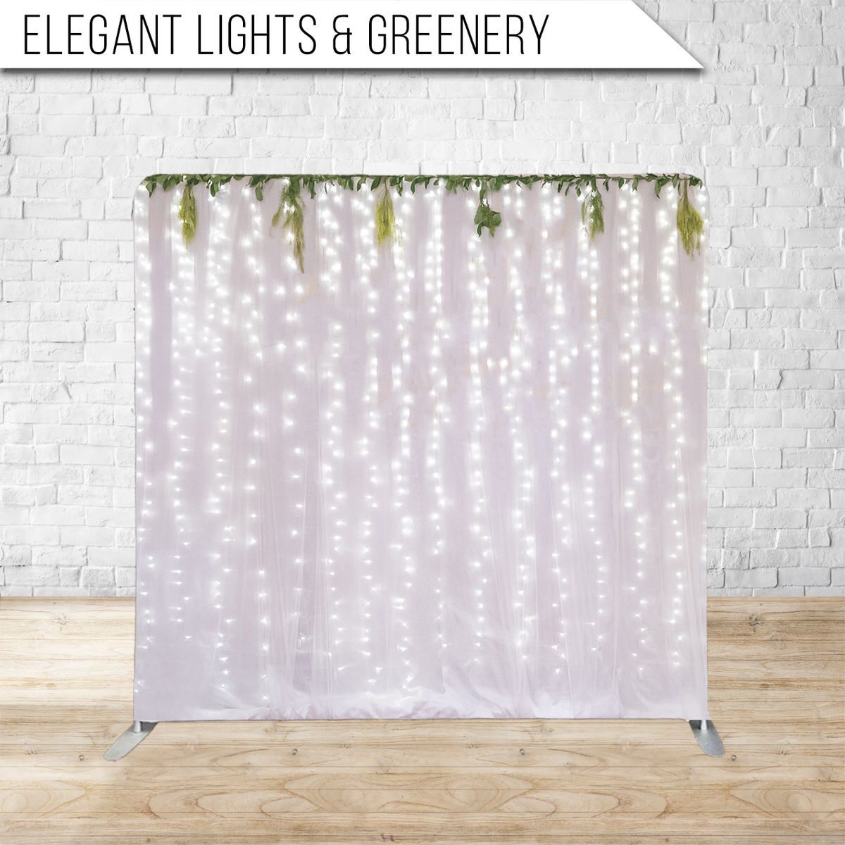 Cascading white string lights and greenery create a dreamy backdrop against a gray wall.