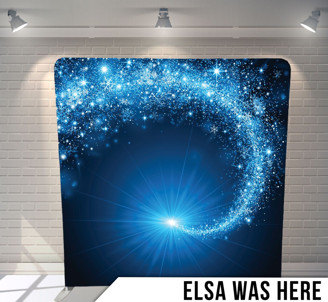 Swirling blue sparkles and magical light effects create a glowing spiral pattern on dark background.
