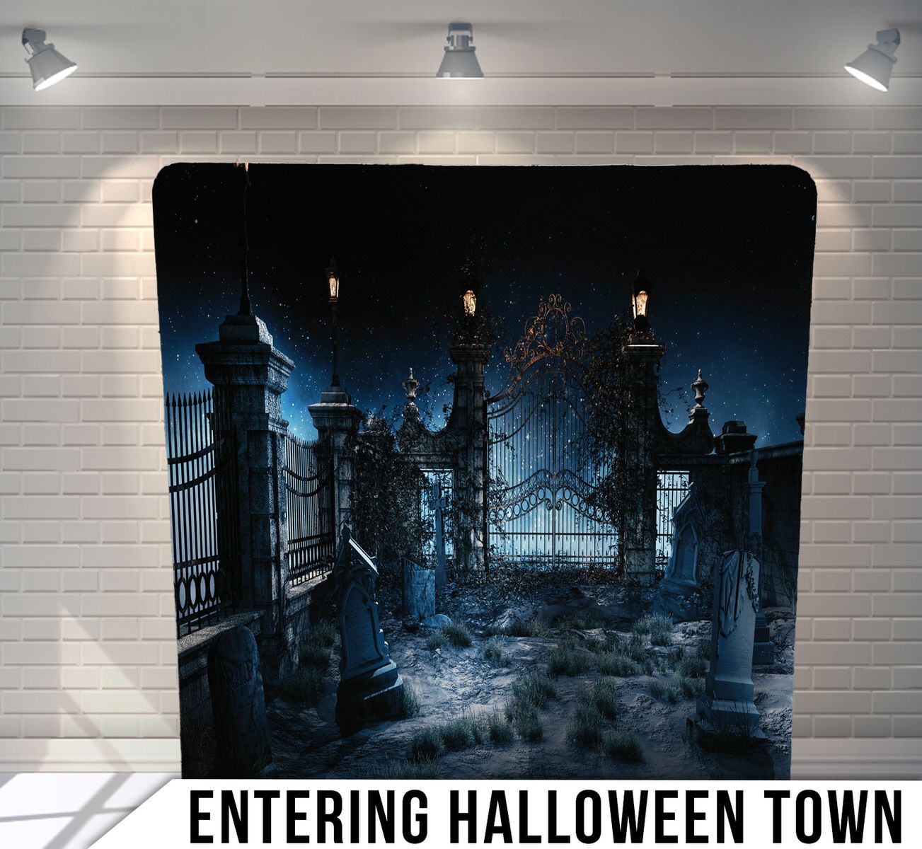 Spooky iron gates and gothic architecture create an eerie entrance scene at night.