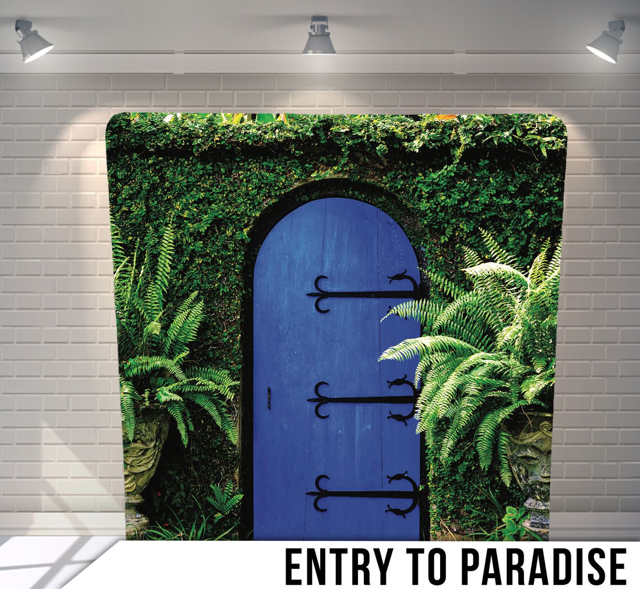 Enchanting blue wooden door surrounded by lush green ferns and climbing vines creates a magical garden entrance.