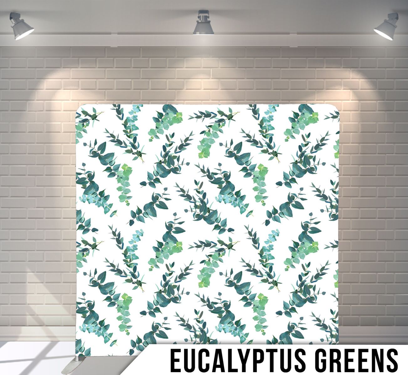 Seamless pattern of watercolor eucalyptus leaves in soft green and blue tones on white background.