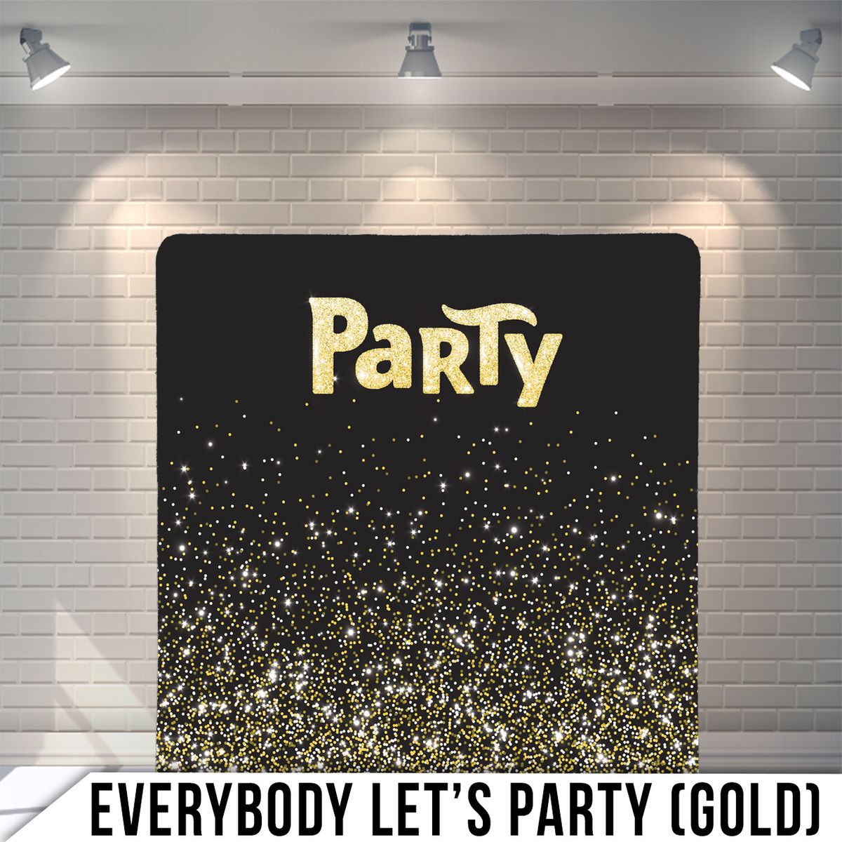 Black backdrop with gold glitter and 'Party' text for festive celebrations and events.