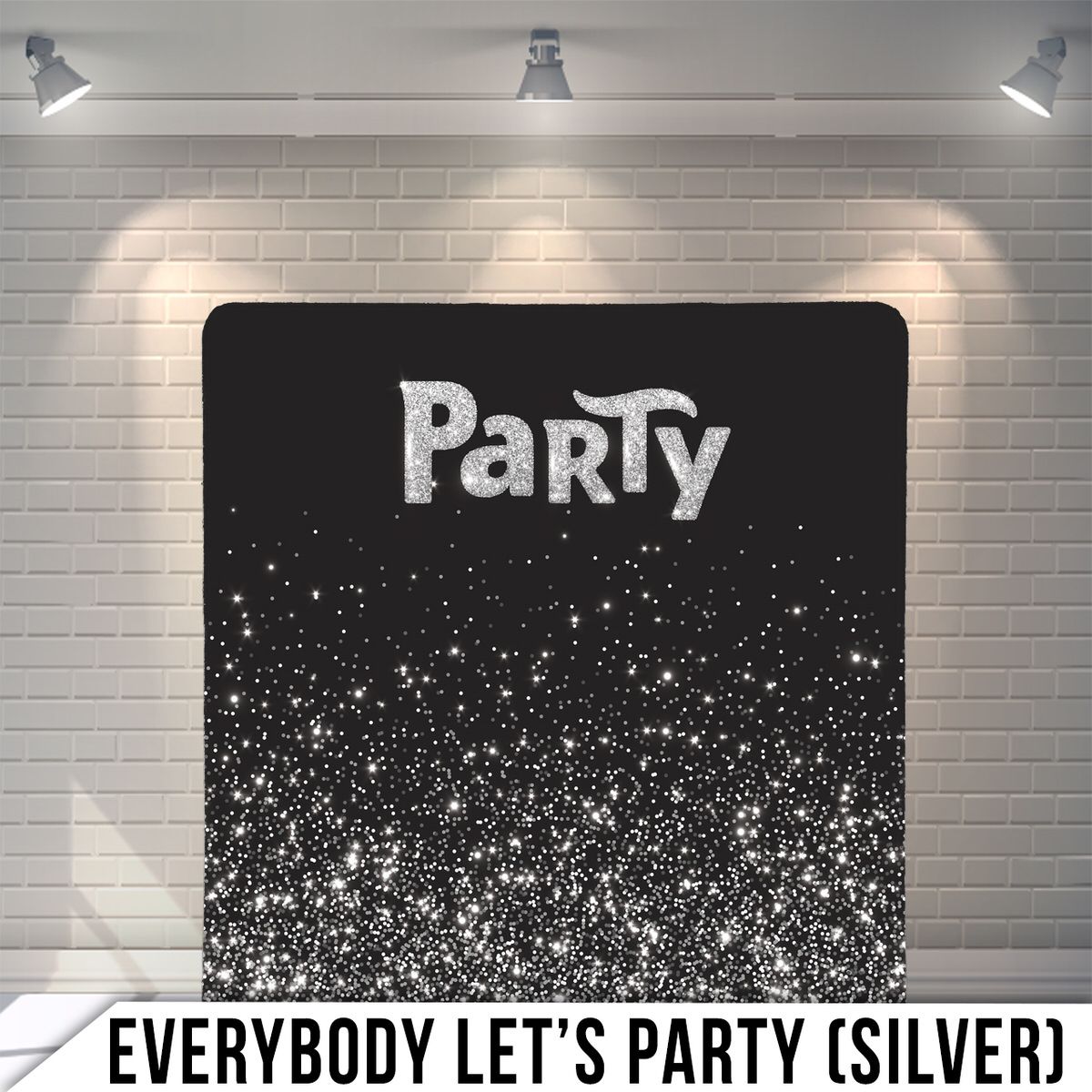 Silver glitter cascade effect with 'Party' text on black background for celebration backdrop.