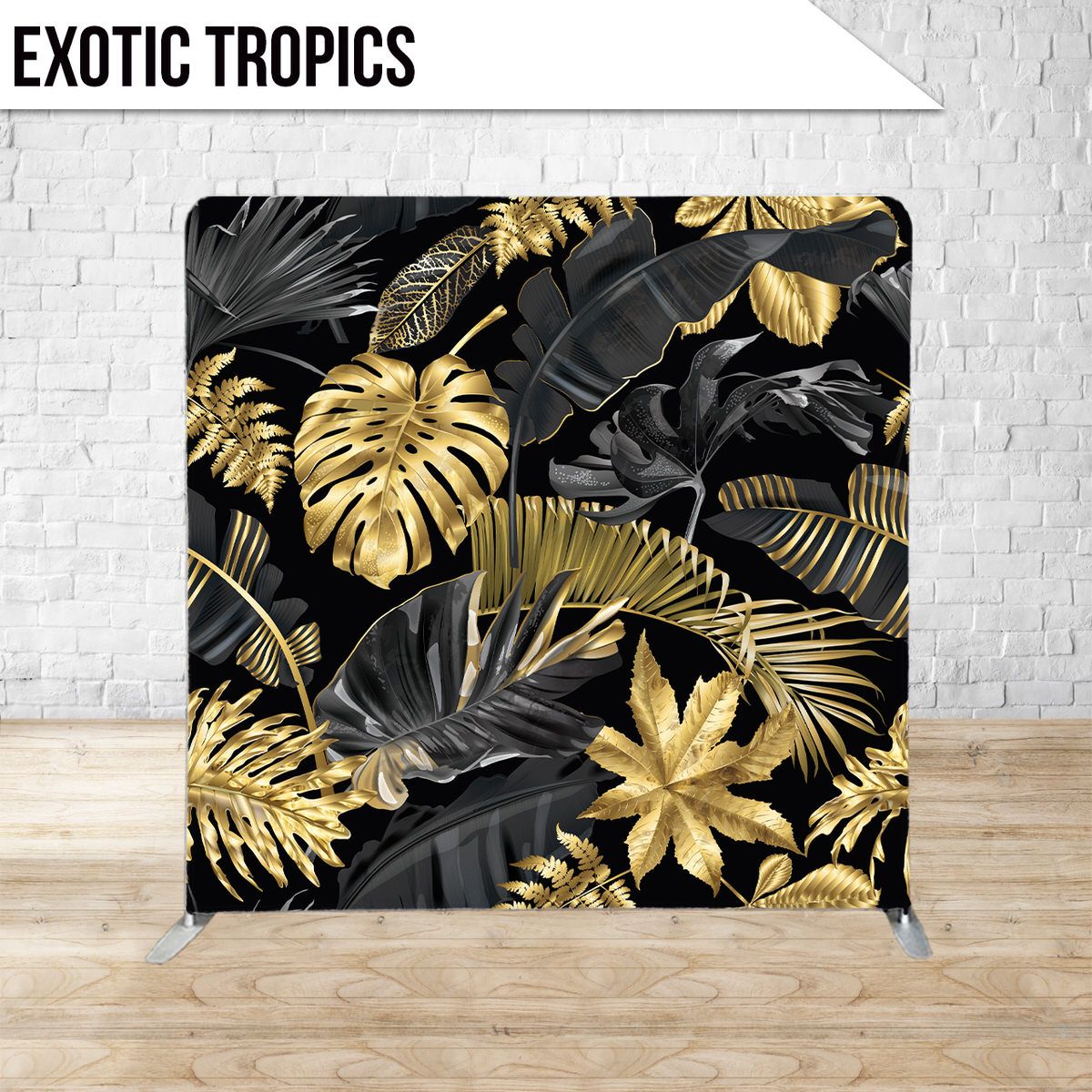 Tropical pattern featuring gold and black monstera leaves and palm fronds on dark background.