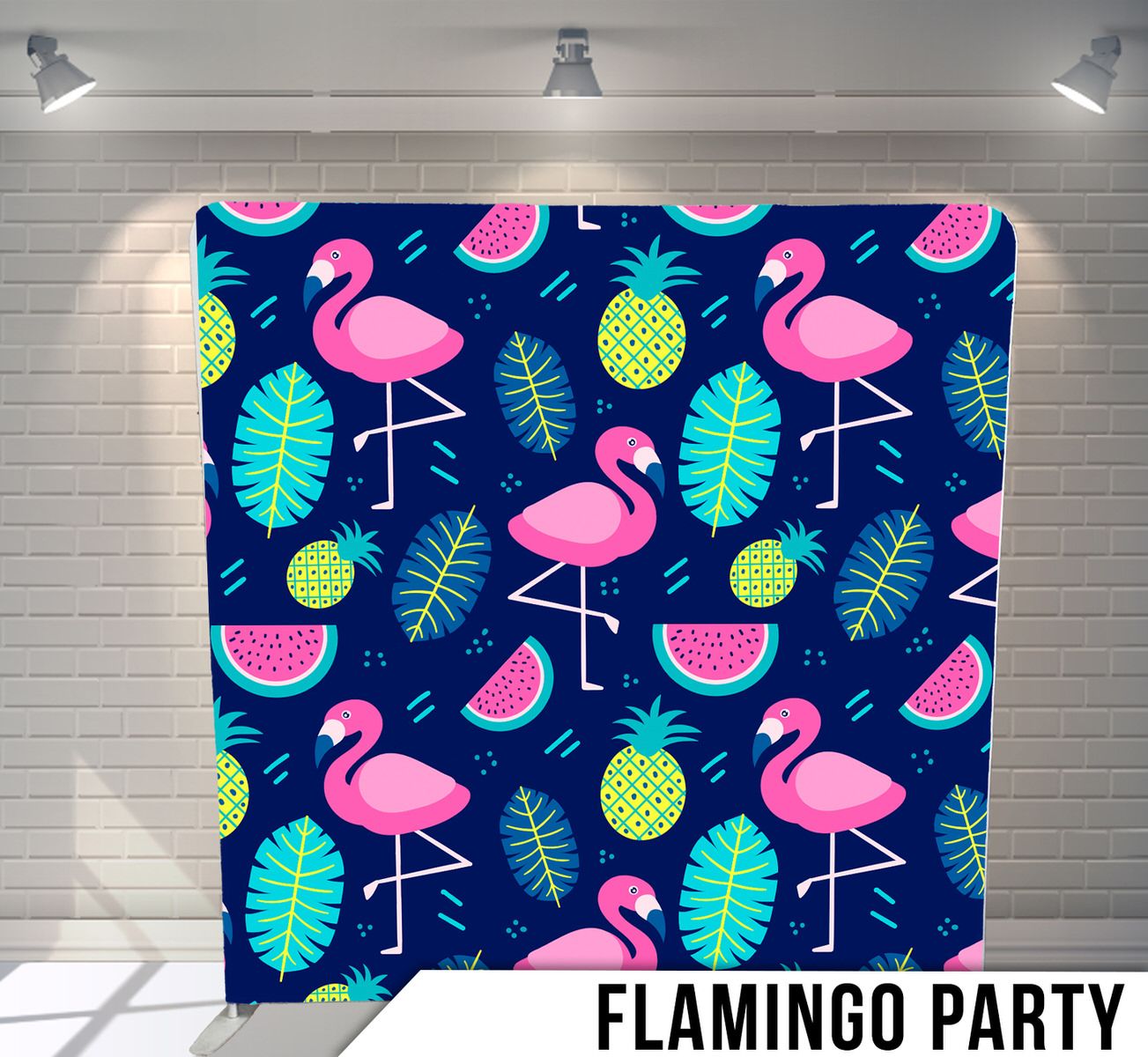 Decorative pattern with pink flamingos, tropical leaves, pineapples and watermelon slices on dark blue background.