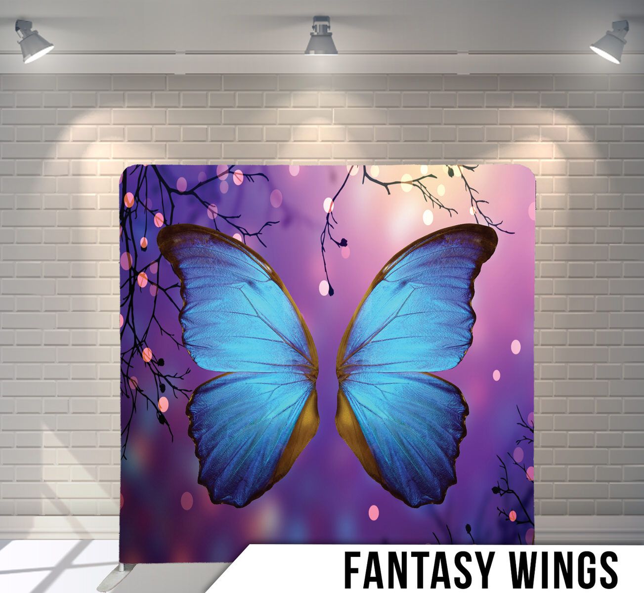 A vibrant blue morpho butterfly display against a pink and purple backdrop with text reading Fantasy Wings.