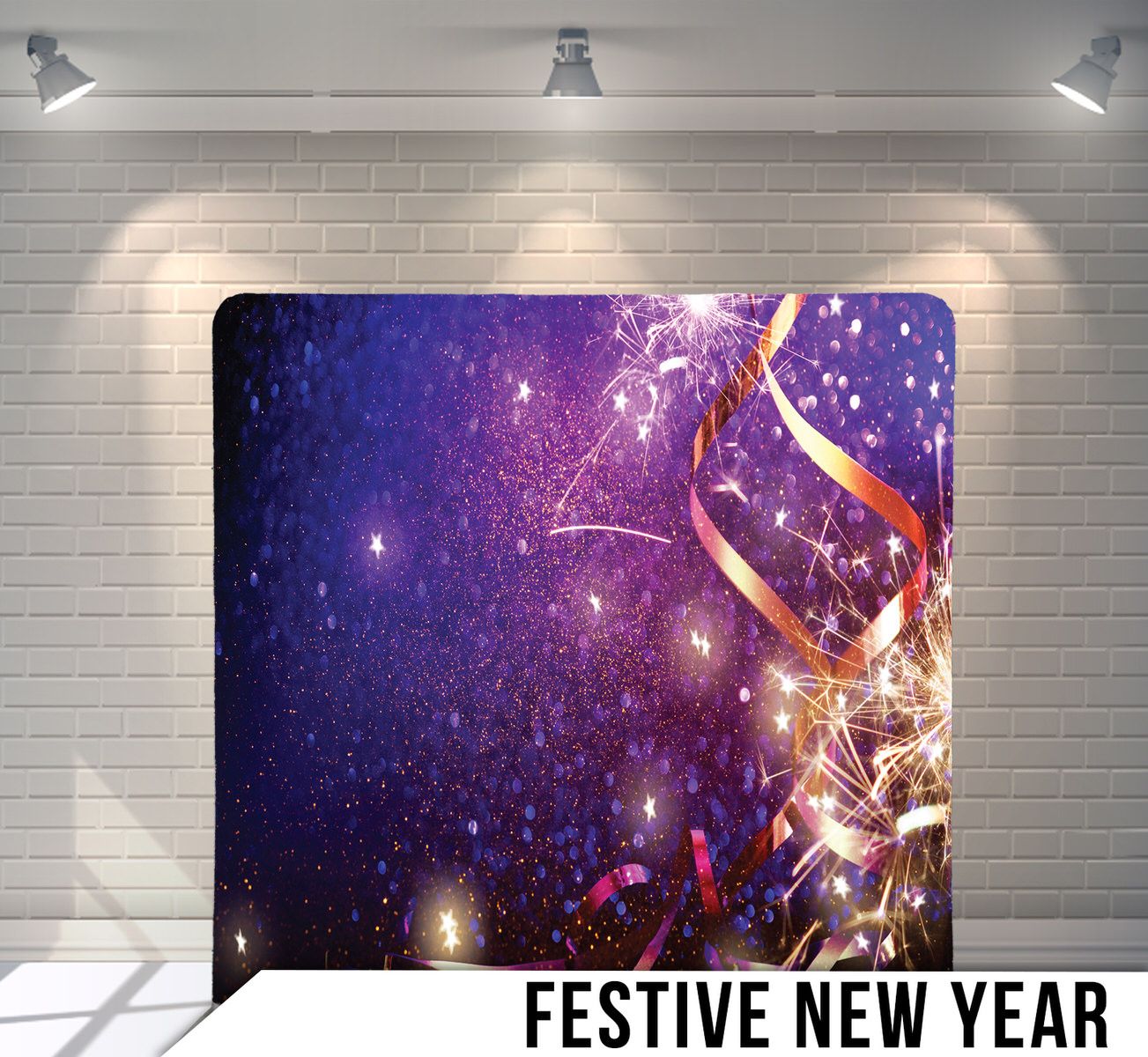 Purple and gold party streamers and sparkles against a dark night sky backdrop with festive New Year lighting effects.