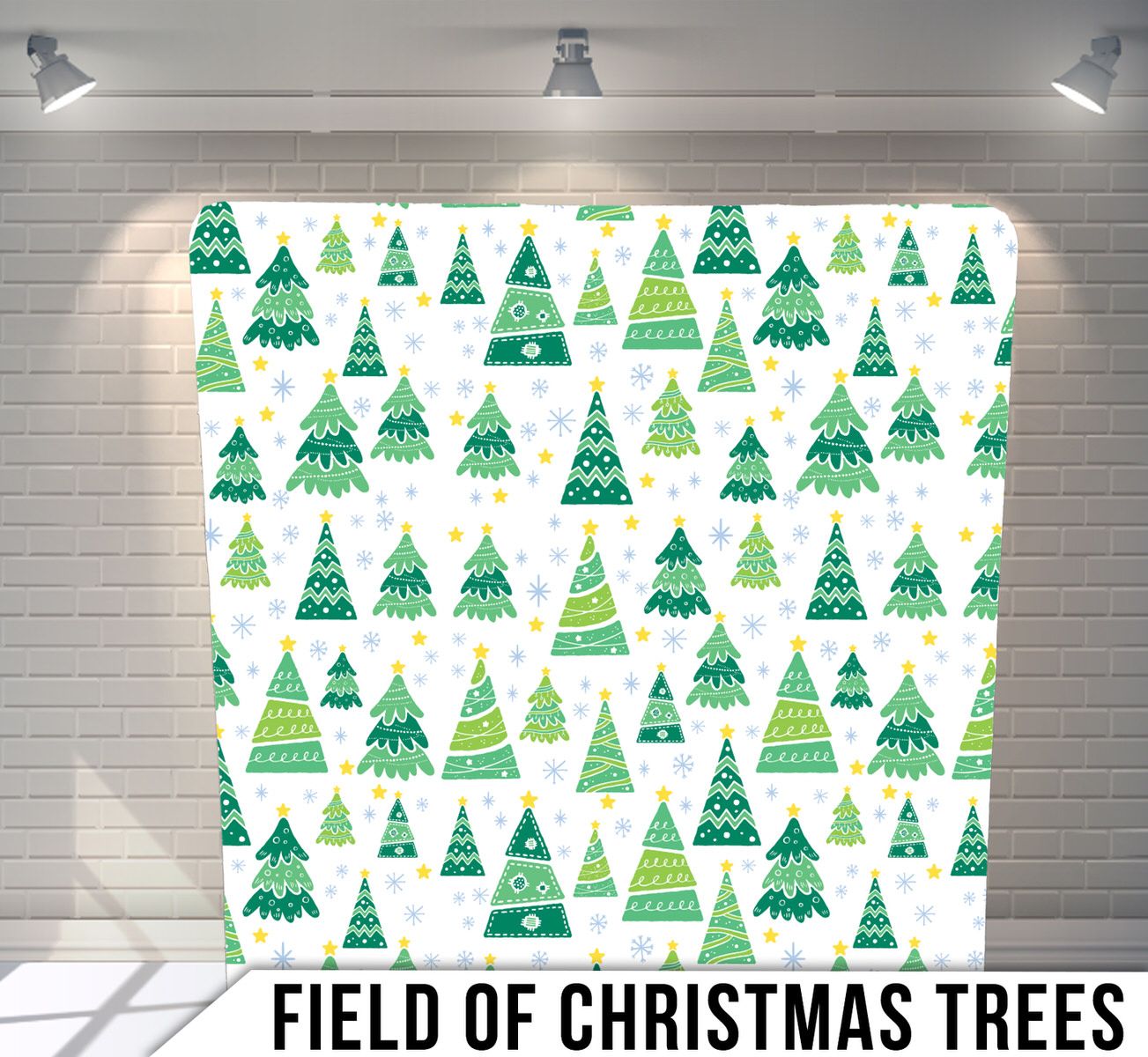 Repeating pattern of decorated green Christmas trees on white background with 'Field of Christmas Trees' text at bottom.