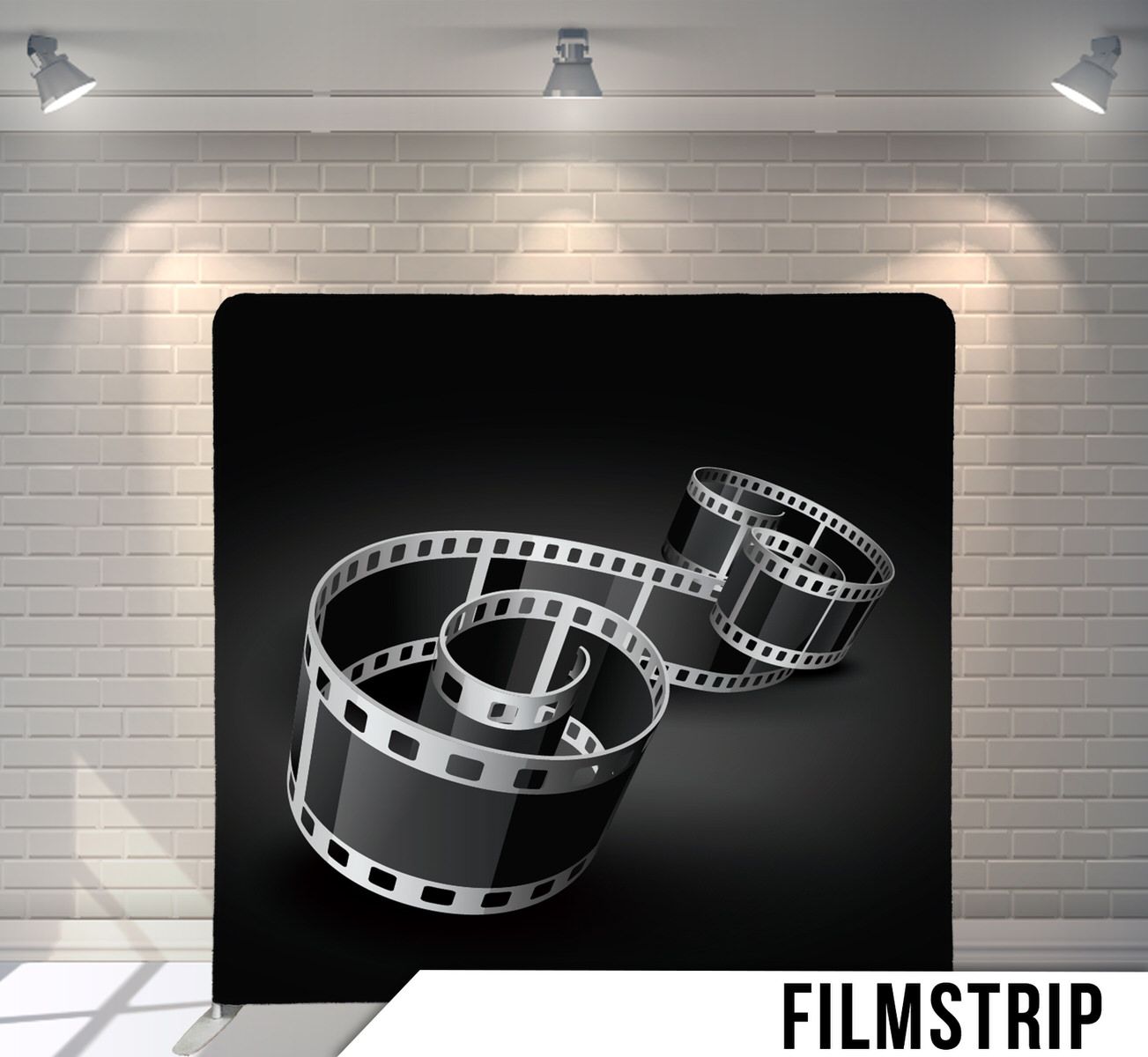 Black and white 3D render of a curled film strip against a dark background with dramatic studio lighting.