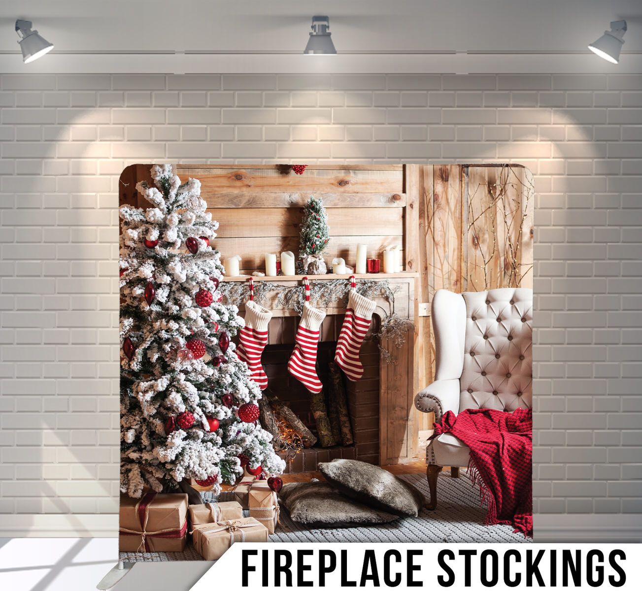 Cozy Christmas scene with decorated tree, stockings hanging on fireplace mantel, and festive decor in rustic home interior.