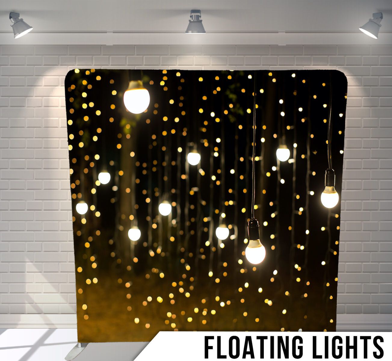 Glowing light bulbs floating against dark background with golden bokeh dots make a dreamy illuminated backdrop.