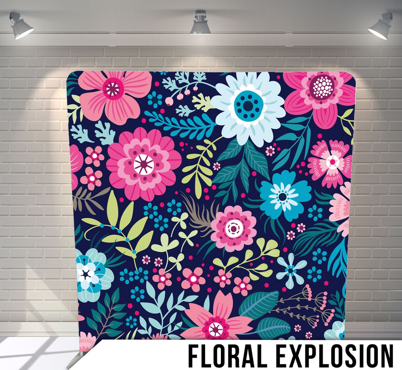 Colorful floral pattern design with vibrant pink and blue flowers against a navy background with green leaves and foliage.