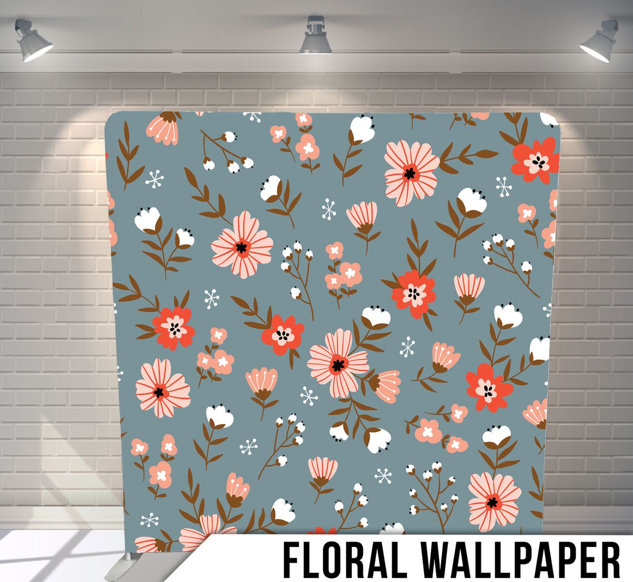 A seamless floral pattern with pink and coral flowers, cotton bolls, and green leaves on a dusty blue background.