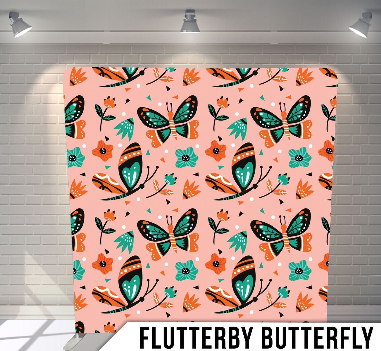 Seamless pattern with turquoise and orange butterflies and flowers on a peach pink background, illuminated by spotlights.