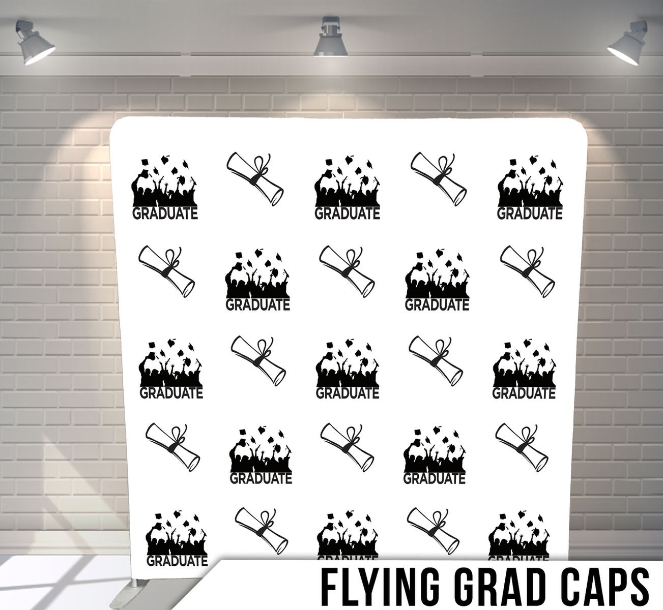 Black and white repeating pattern of graduation caps and confetti silhouettes on a spotlight-lit backdrop.