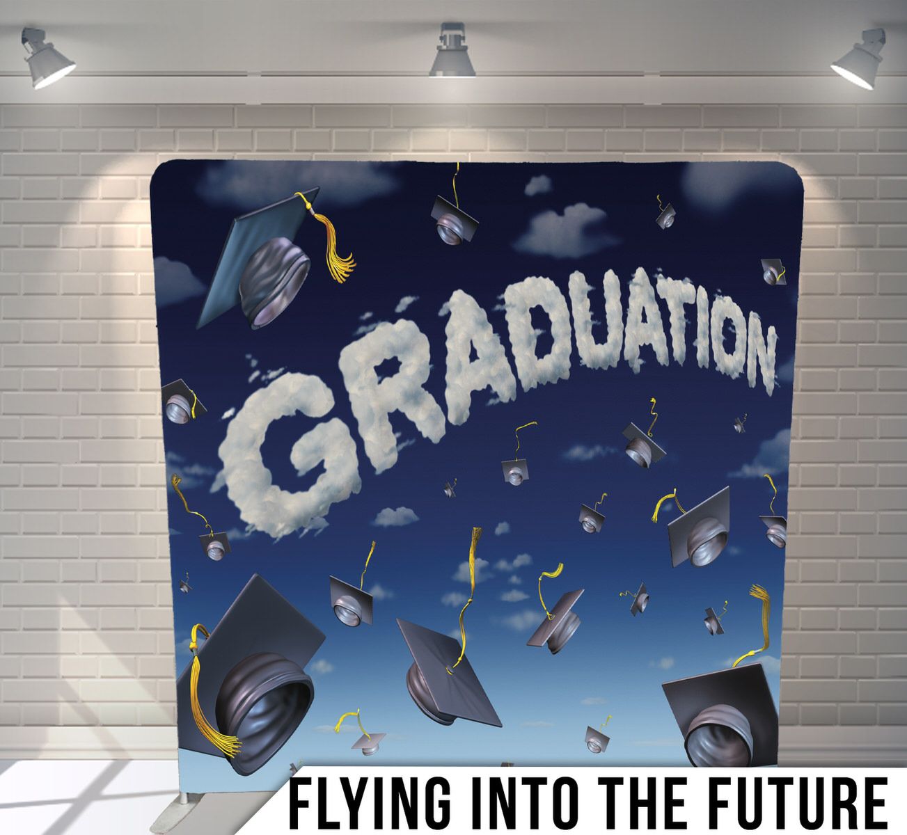 Graduation celebration backdrop with cap mortarboards flying against a cloudy blue sky.
