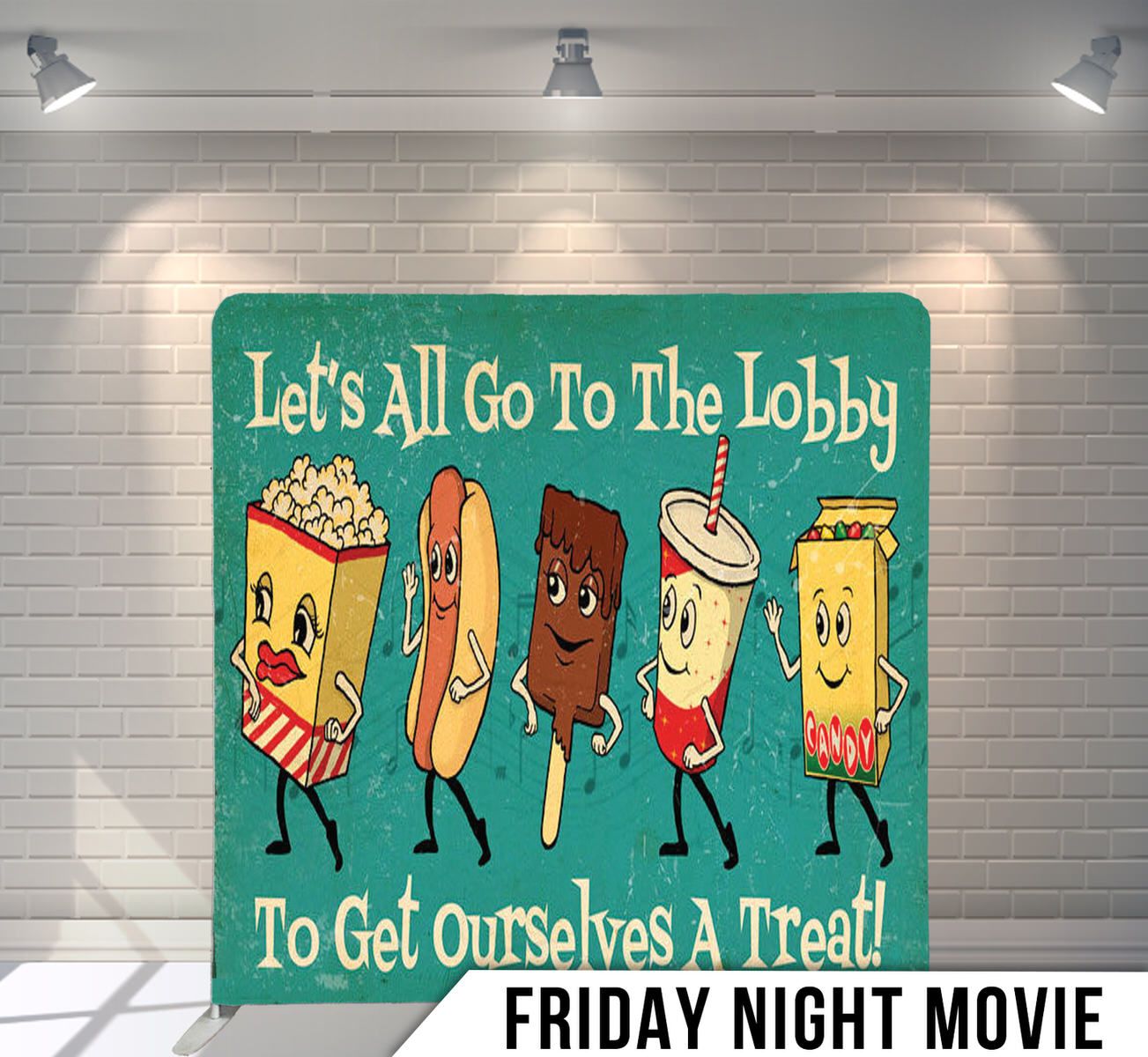 Retro cartoon illustration of snack food mascots inviting viewers to the lobby.