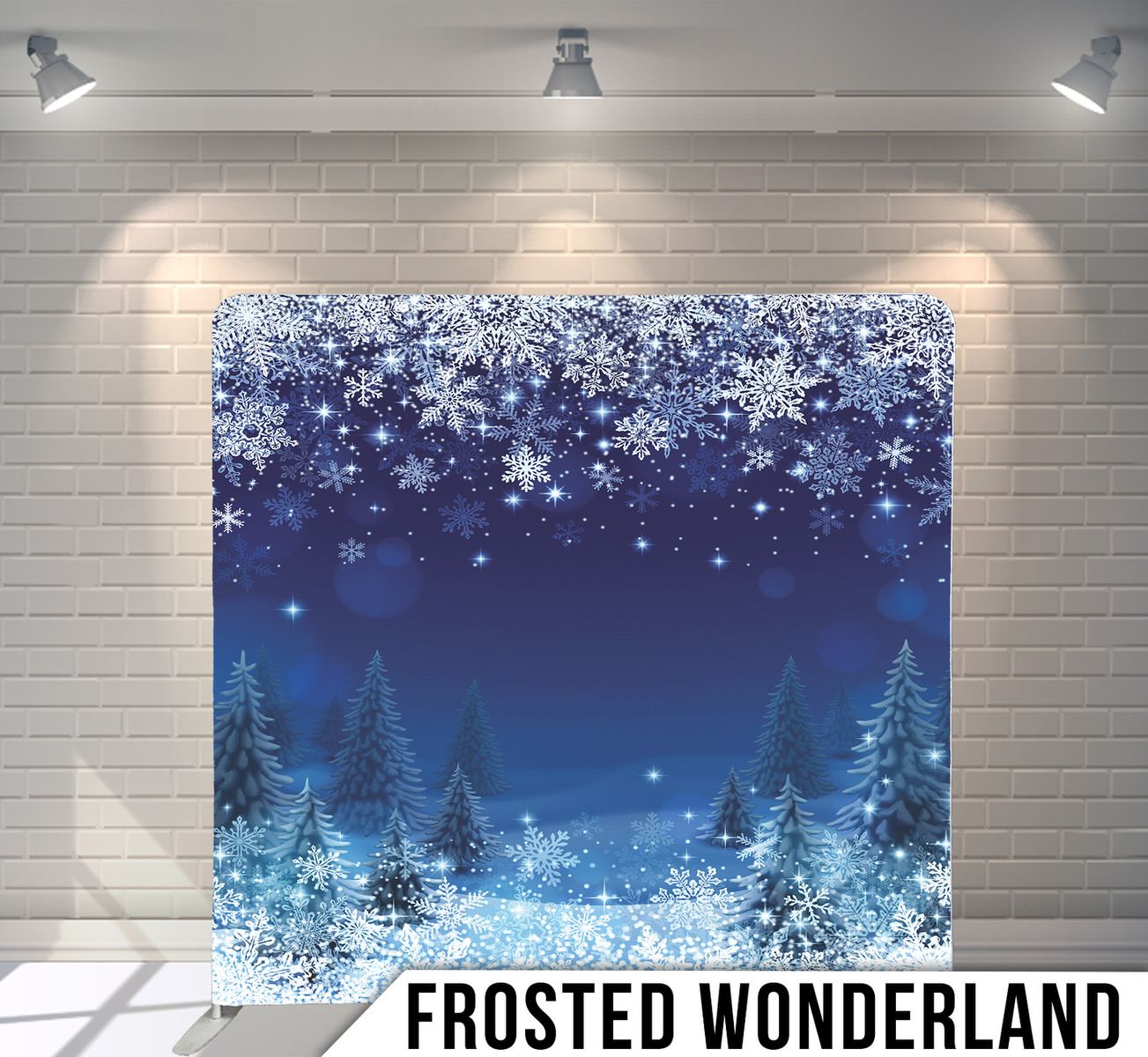 Winter scene backdrop with snowflakes and pine trees against a dark blue background.
